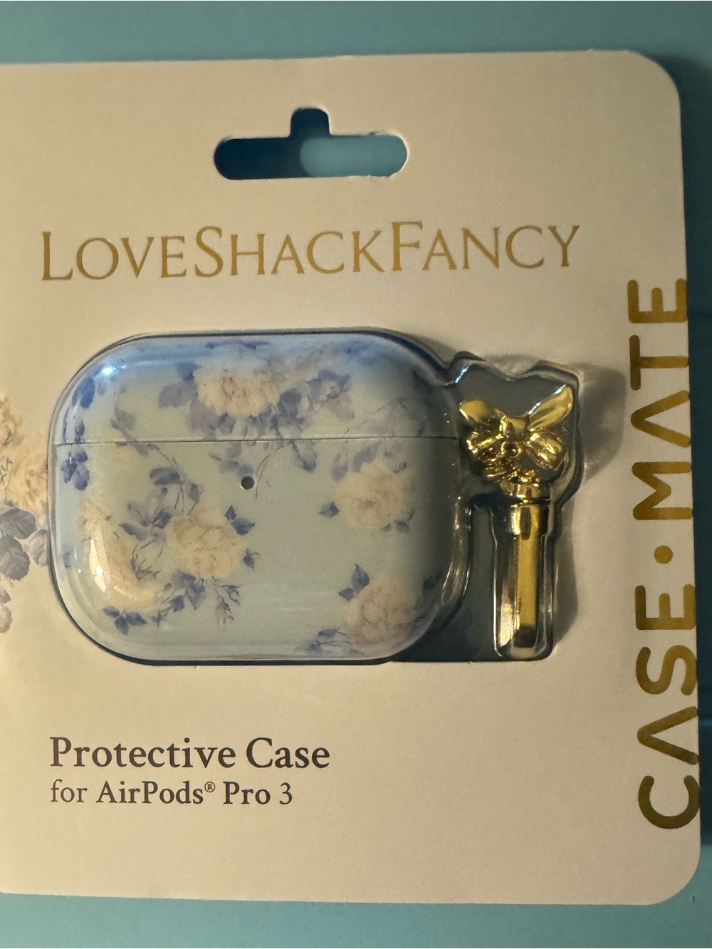 LoveShackFancy Blue and Cream Floral AirPods Pro 3 Case with Gold Charm